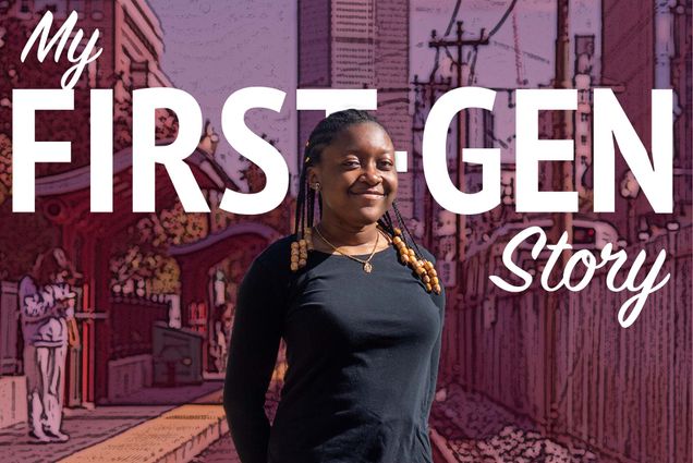 Photo of Brianne Bourne, a first-generation college student. She has shoulder-length braids with brown beads, and smiles. She wears a black shirt and jeans. She stands along the green tracks, and the Prudential building is seen in the distant. Photo has a scarlet, sketchy treatment overlaid and the words "My First-Gen Story" are photoshopped behind her.