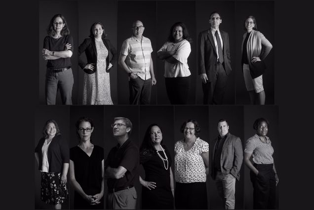 a photo collage featuring studio photos of all 13 members of the team of Boston University researchers all posing in front of black backdrops in various poses.