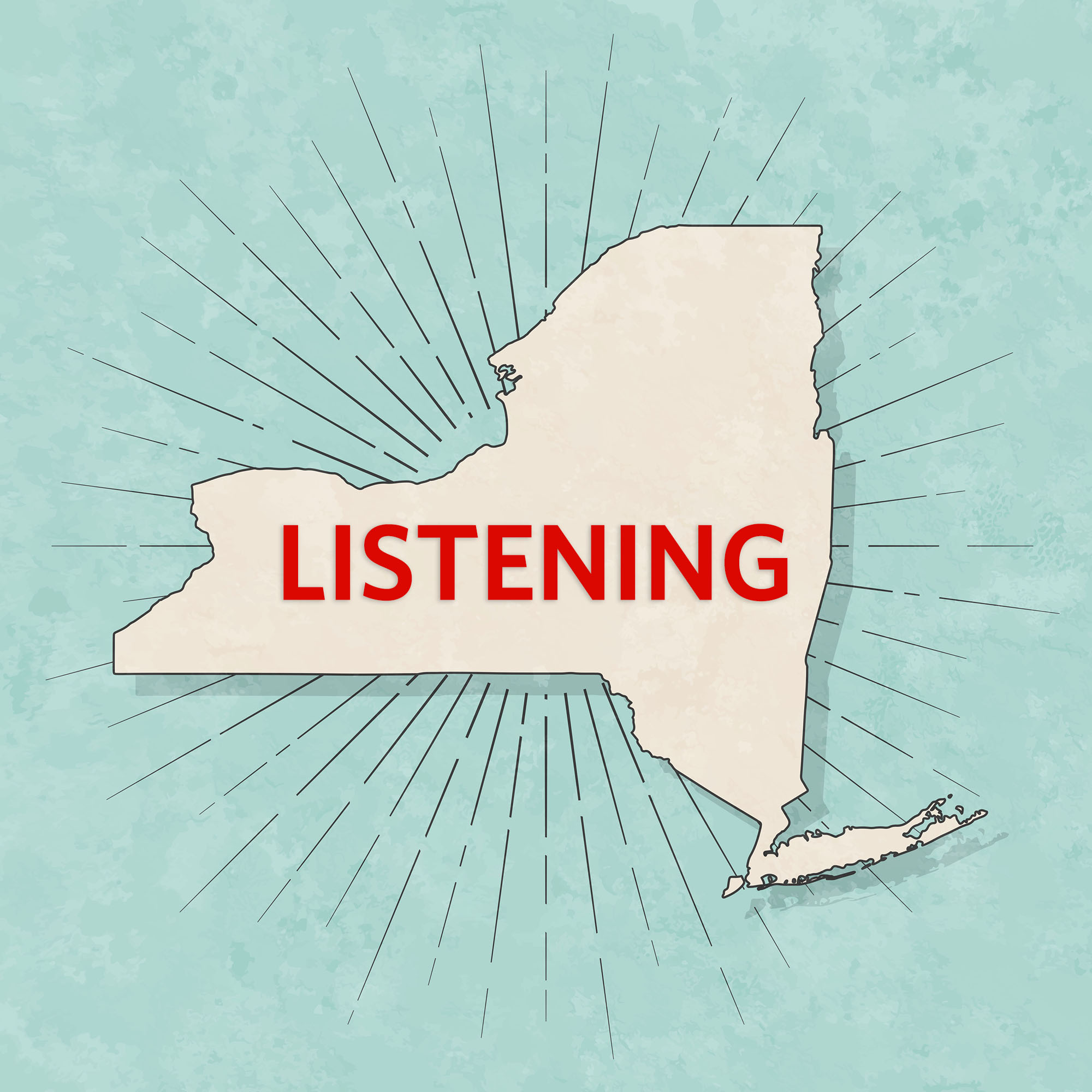 Image: Outline of New York state drawn in beige on a light blue background. Commonly misspelled word on top of state reads "listening".
