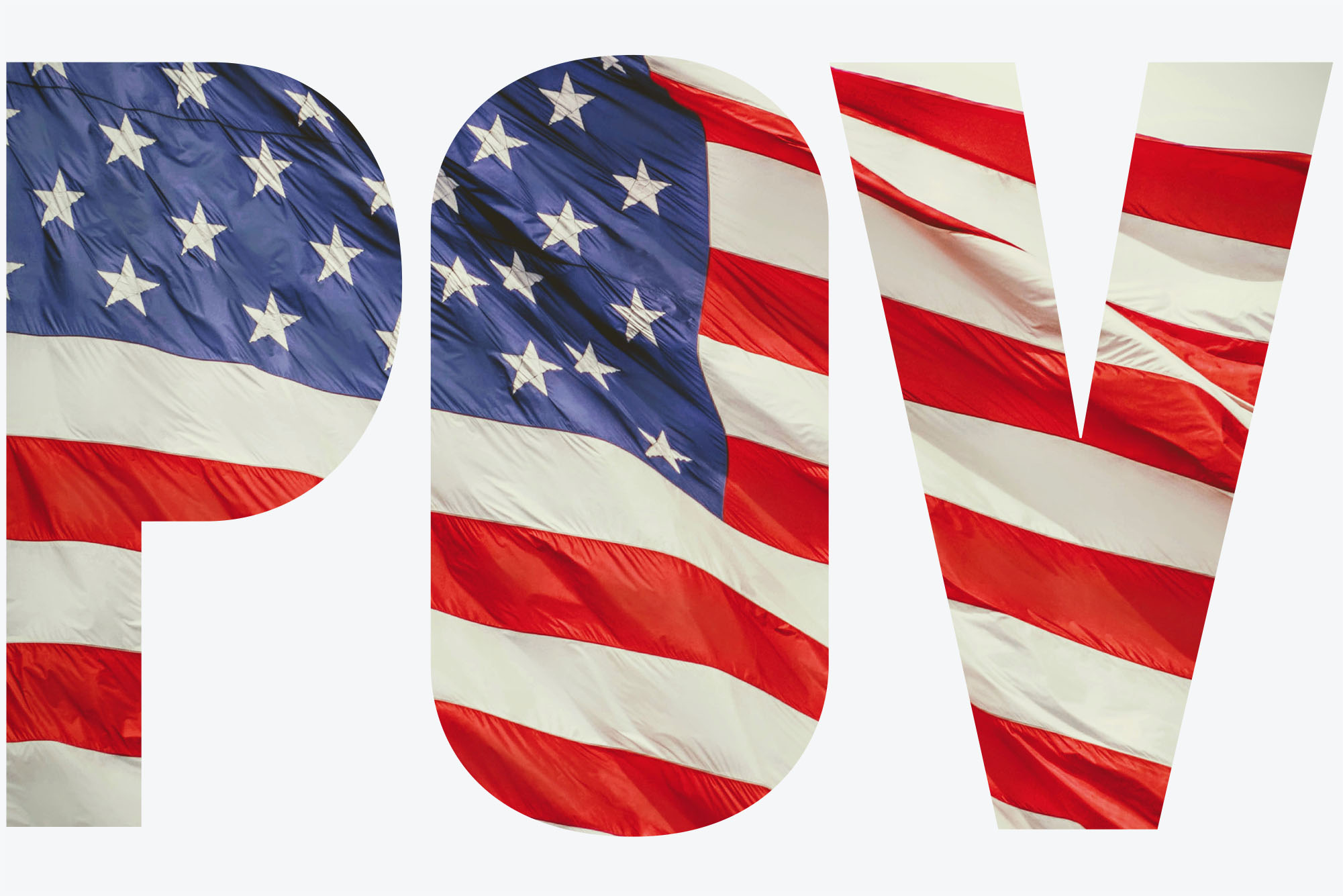 An American flag, waving in the wind. Text masked over the image reads "POV"
