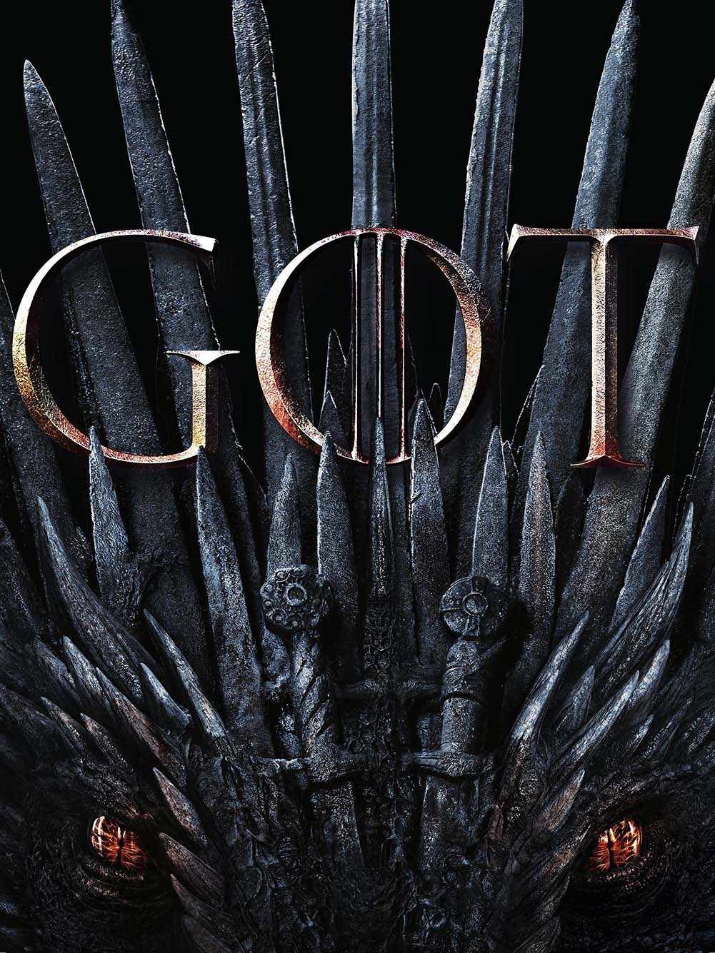Poster for the Game of Throne show. A large, grey face of a spiky dragon with red eyes is shown. Gold letter in middle of poster read "GOT".