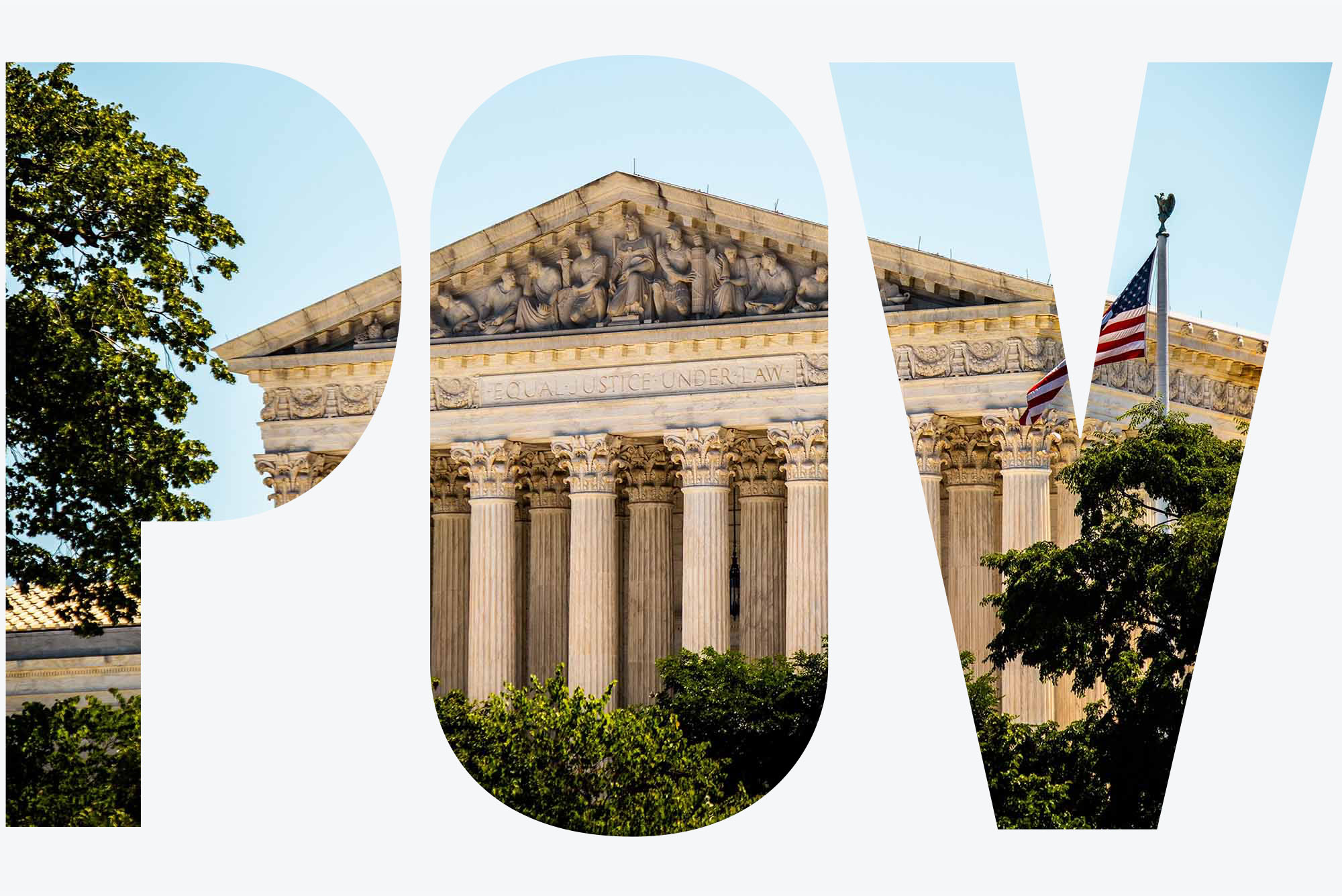 A photo of the supreme court of the united states on a cloudy day. The letters "POV" are masked on top