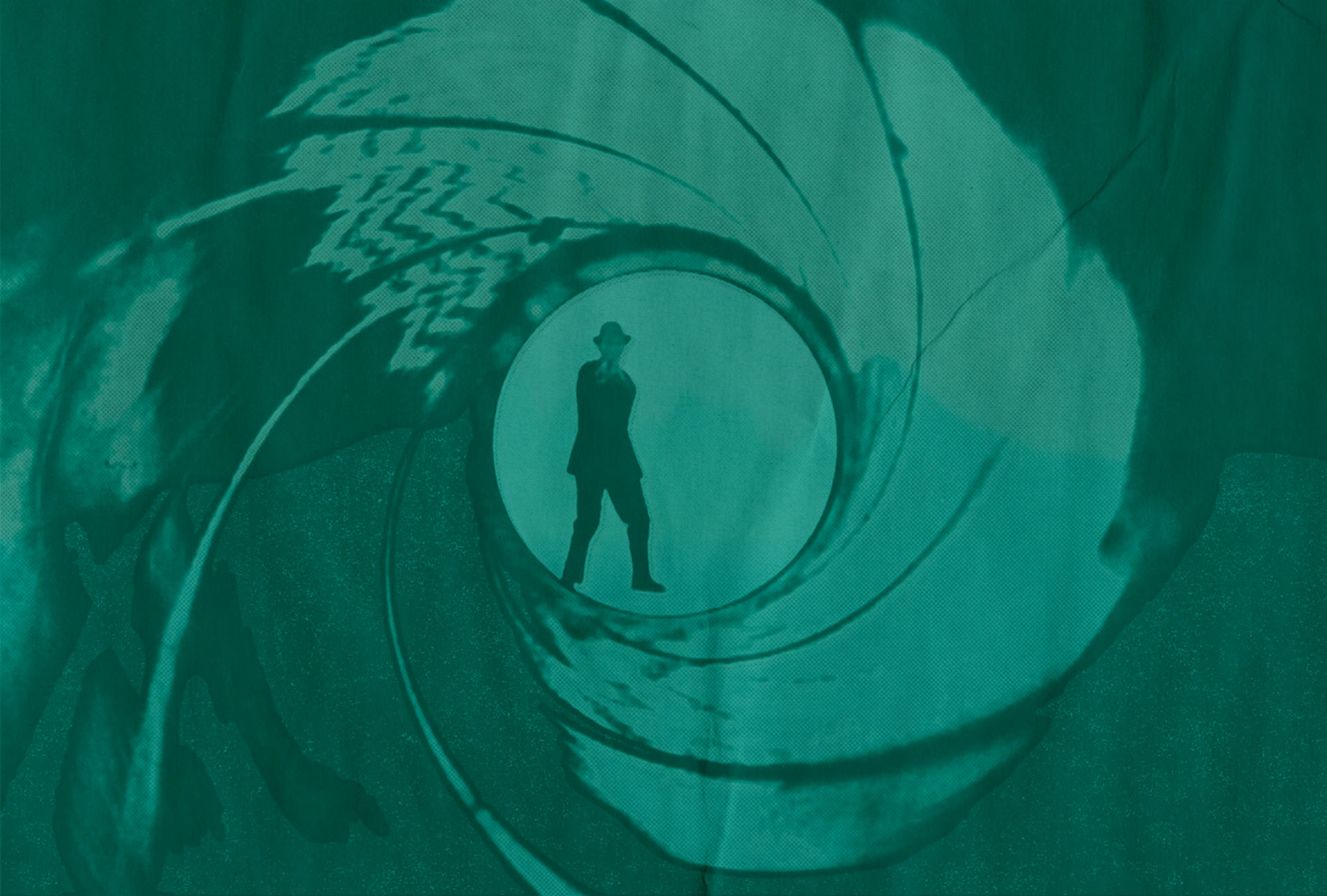Screenshot from the opening gun barrel sequence of the James Bond film Dr. No. A person in silhouette at the end of the barrel points a gun towards the viewer. The screenshot is overlaid with a teal, printed texture.