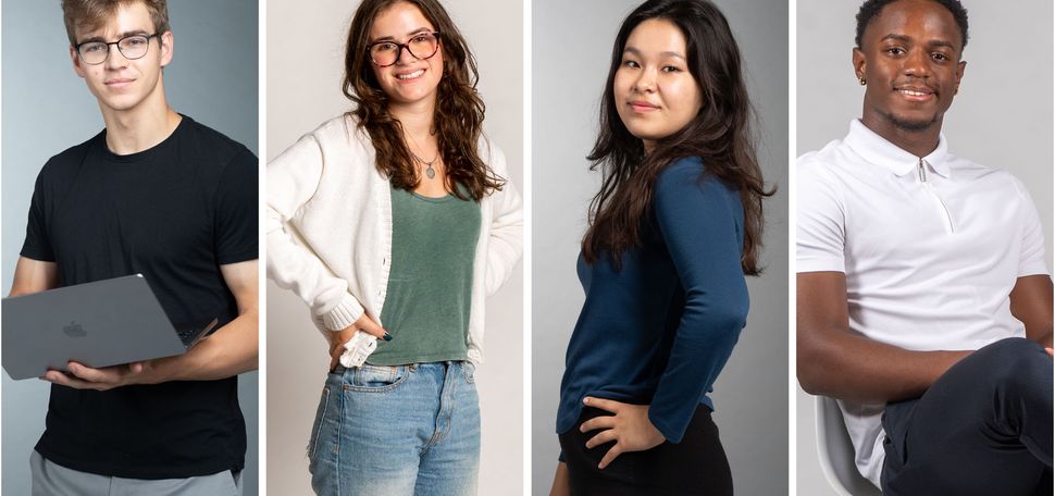 Collage: (from left to right) Photos of en Gardiner, Elizabeth Rosen, Serena Theobald, and Louie Belile. Ben Gardiner poses in front of dark grey backdrop with Apple laptop in hands. Elizabeth Rosen, a young white woman wearing glasses, a green blouse, white cardigan, and ripped jeans, stands with hands on hips and poses in front of a beige backdrop. Serena Theobald poses in front of dark grey backdrop. A young woman with long black hair and wearing a navy blue long-sleeved shirt and black pants, smiles and stands sideways to the camera with hands on hips. Louie Belile, a young Black mean wearing a white polo shirt and jeans, sits and poses with legs crossed in front of a grey backdrop.