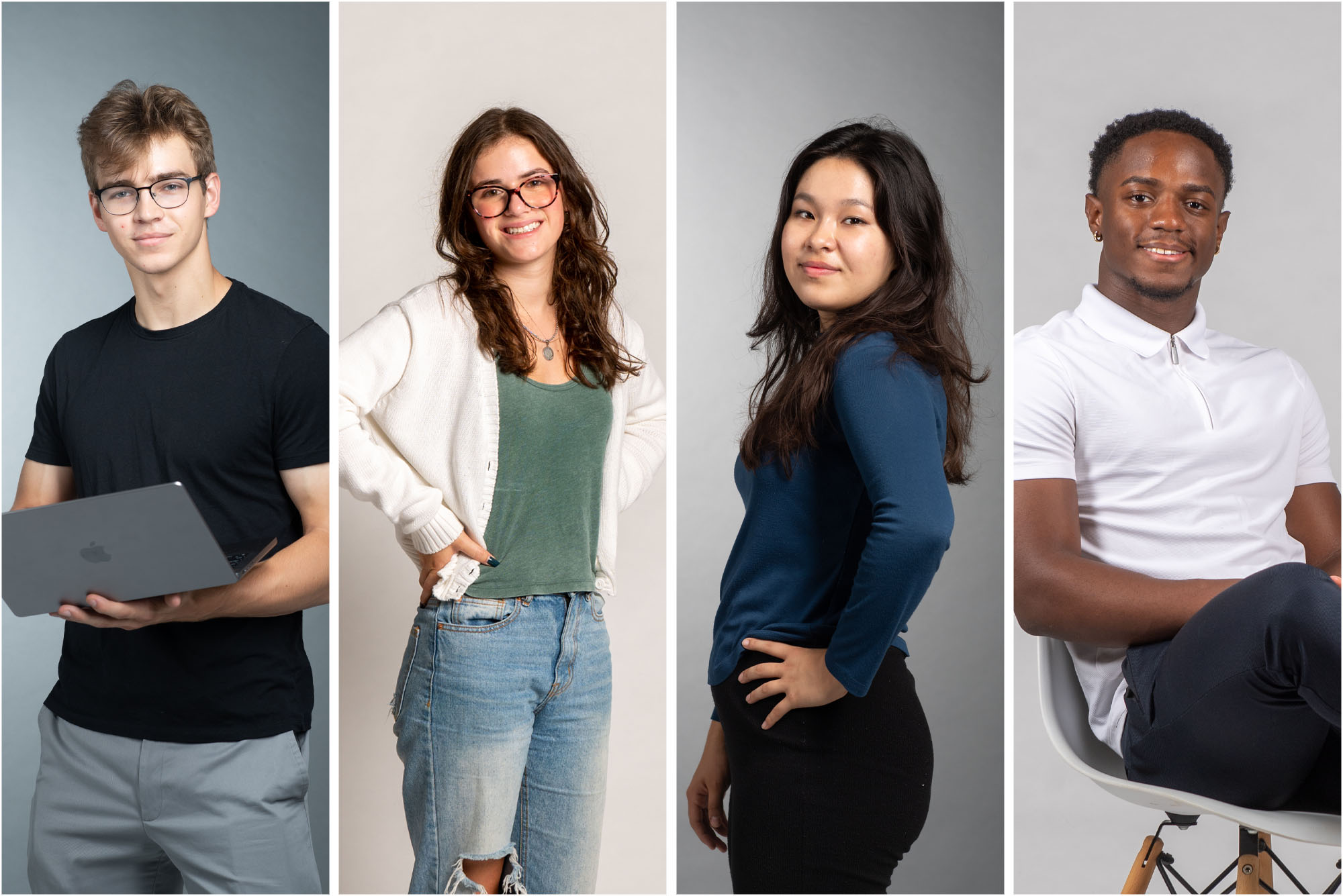 Collage: (from left to right) Photos of en Gardiner, Elizabeth Rosen, Serena Theobald, and Louie Belile. Ben Gardiner poses in front of dark grey backdrop with Apple laptop in hands. Elizabeth Rosen, a young white woman wearing glasses, a green blouse, white cardigan, and ripped jeans, stands with hands on hips and poses in front of a beige backdrop. Serena Theobald poses in front of dark grey backdrop. A young woman with long black hair and wearing a navy blue long-sleeved shirt and black pants, smiles and stands sideways to the camera with hands on hips. Louie Belile, a young Black mean wearing a white polo shirt and jeans, sits and poses with legs crossed in front of a grey backdrop.