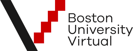 Logo for Boston University Virtual. A large, pixelated red "v" is shown on the left as the right reads in black "Boston University Virtual".