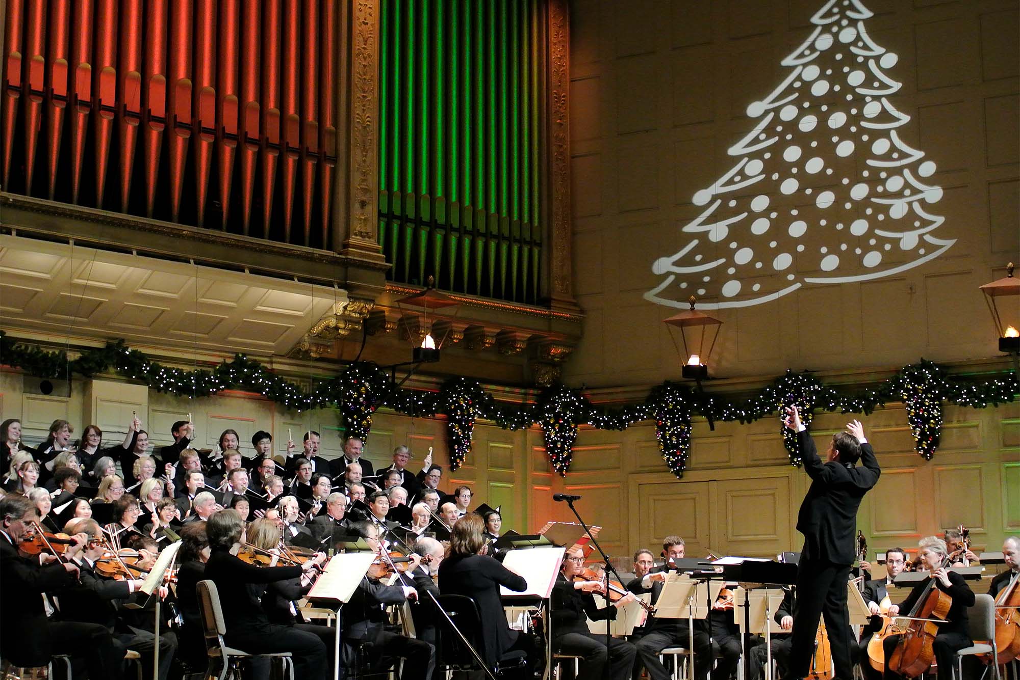 The Boston Pops performing its Holiday Pops concert at Symphony Hall in 2021. This year’s holiday show will be performed December 1 to 24. Photo by Stu Rosner