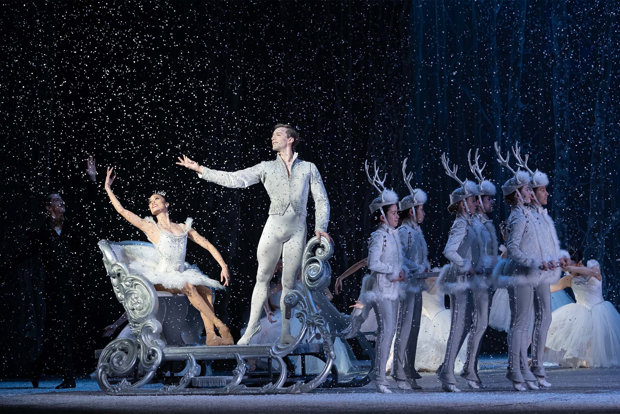 Members of the Boston Ballet perform the Snow Pas de Deux during its annual production of Tchaikovsky’s The Nutcracker, on stage through December 29. Photo by Liza Voll