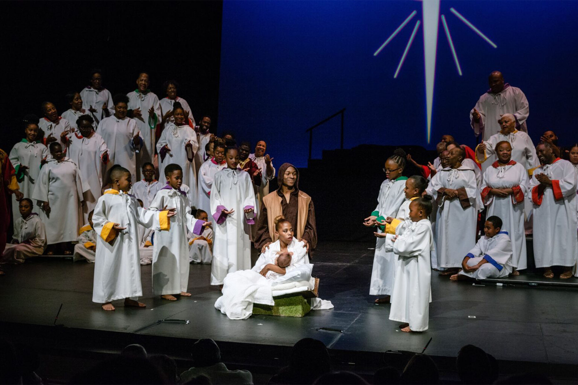 Black Nativity, inspired by the works of Langston Hughes, tells the story of Jesus’ birth through gospel music and poetry. The production, now in its 52nd season in Boston, runs from December 2 to 18. Photo courtesy of the National Center of Afro-American Artists