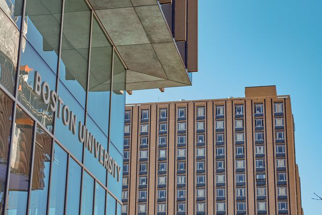 A photo of the KCILSE building with Warren Towers in the background on Boston University's campus