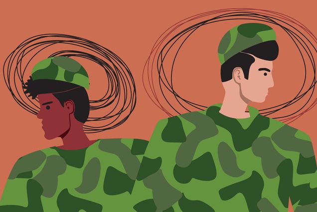 Flat vector stock illustration of PTSD in soldiers in uniform. One black soldier and one white soldier are shown in camo gear with squiggles around their heads.