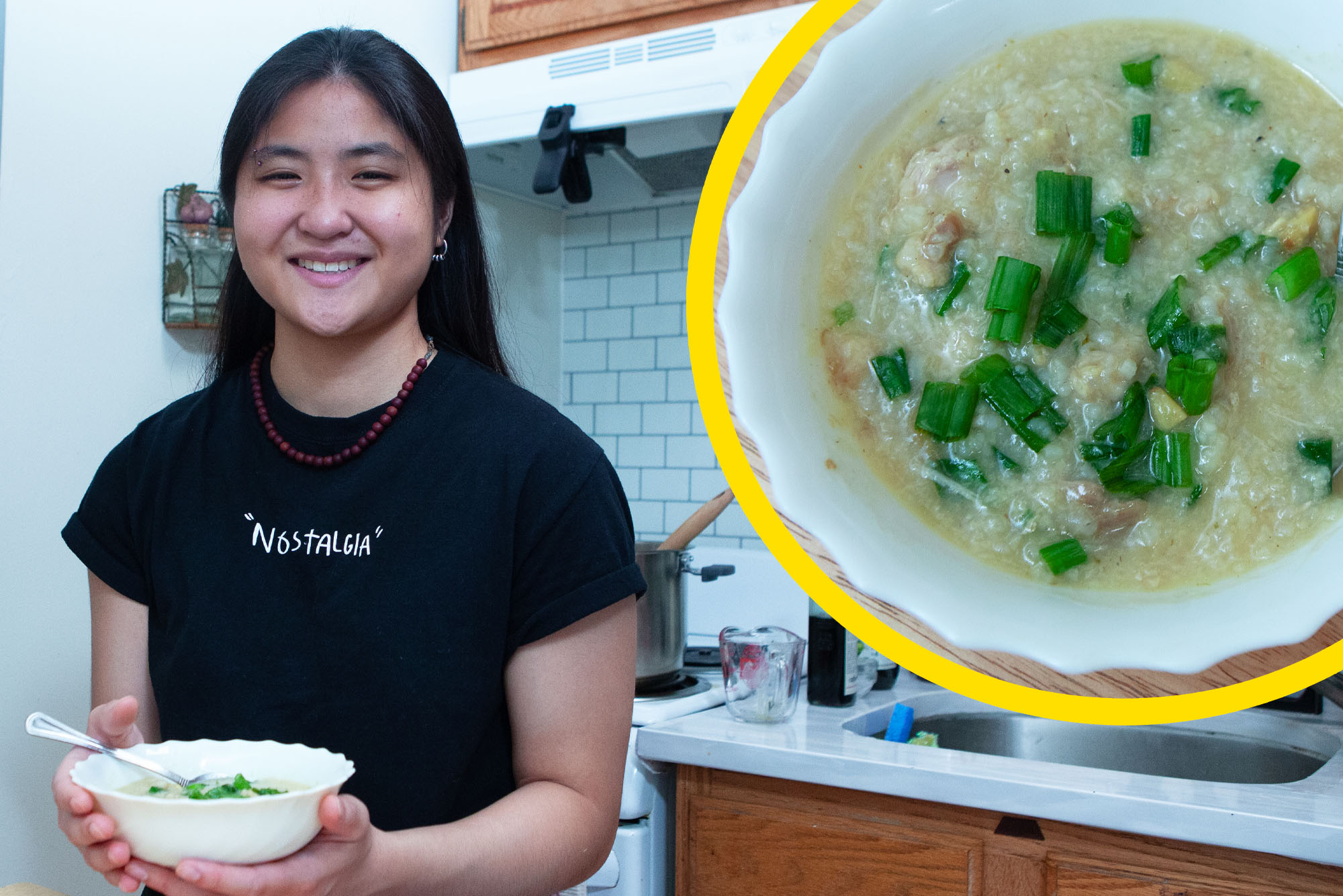 Photo: A Filipino student holds up a bowl of arroz caldo as they smile for the camera in their kitchen. A cutout of a photo of the porridge is shown in the right hand corner with a bright yellow border.