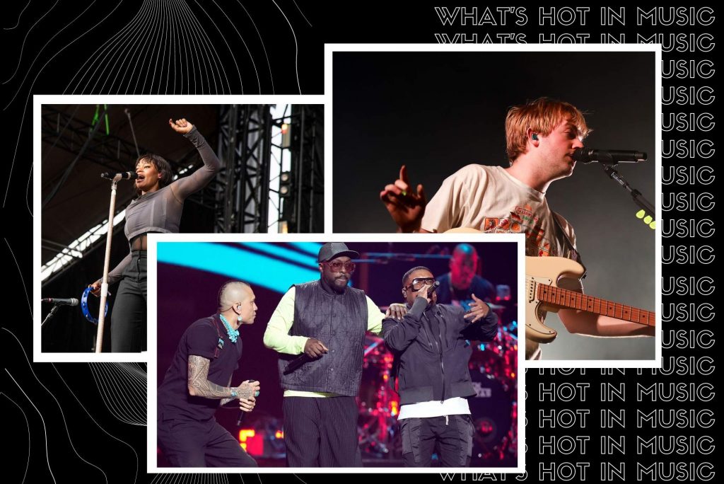 Image: collage of artists releasing music and/or hosting concerts in Boston in Novvember 2022. Black background with outline-font white lines features photos of Noelle Scaggs, The Black Eyed Peas, and Dayglow. Noelle Scaggs is shown singing on stage on polaroid-style borders. The Black Eyed Peas are shown performing in concert within polaroid-style borders. Dayglow is shown performing on a stage with guitar in hand as he sings into a microphone on polaroid-style borders. Text on right behind image reads "What's Hot in Music" in a repeating pattern