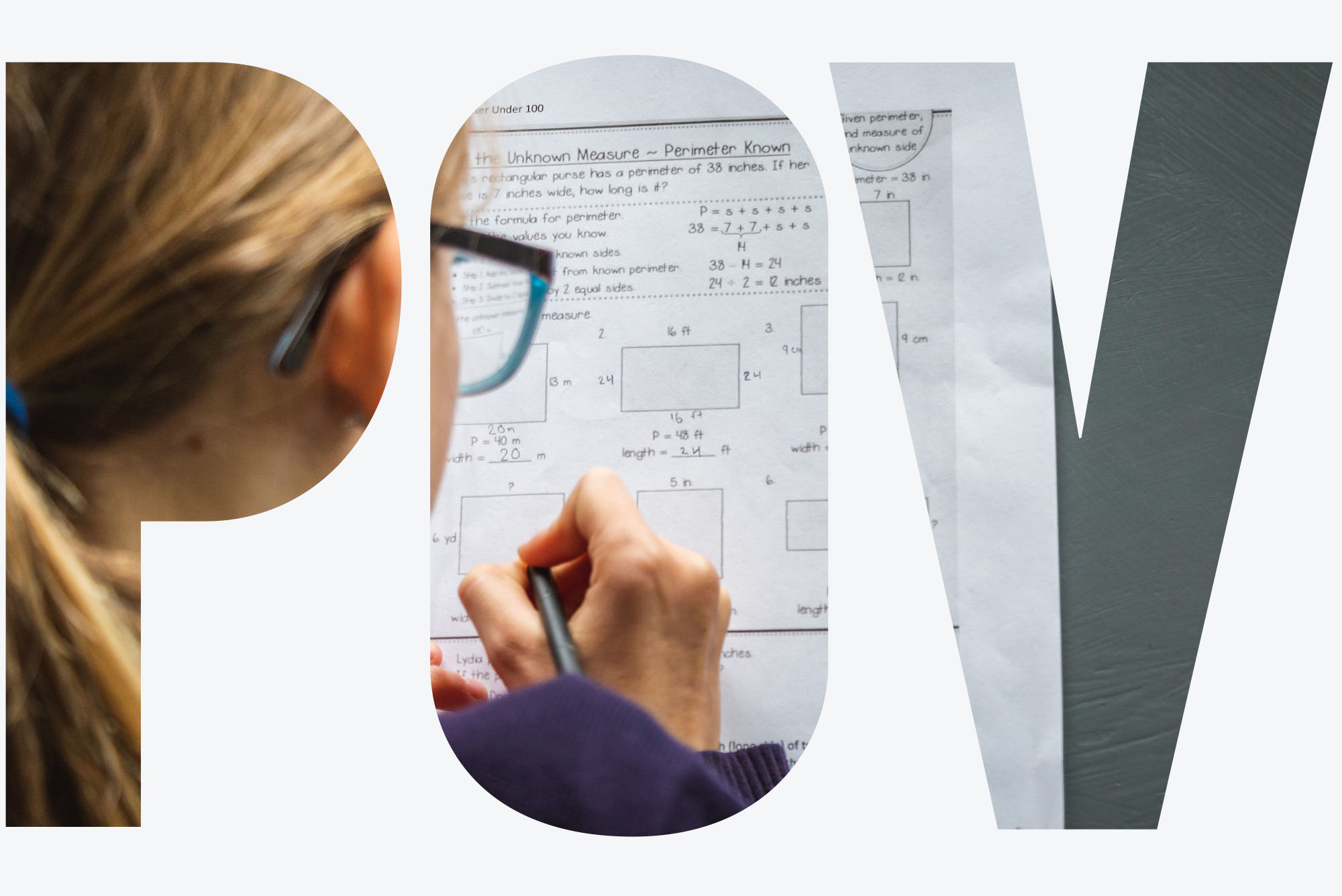 A child taking a math test. Photo by Greg Rosenke/Unsplash. The letters "POV" are overlayed