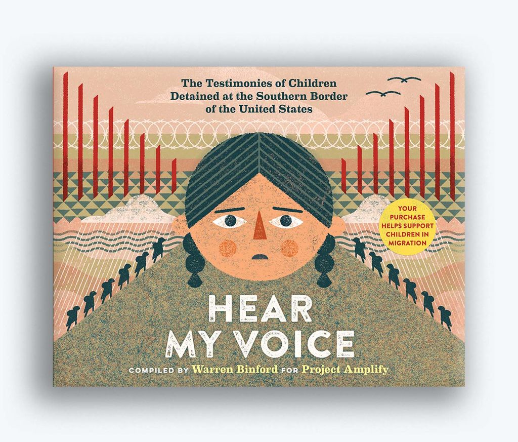 Cover of the children's book 'Hear My Voice' by Warren Binford. It features a drawing of a young latinx girl with braids metaphorically straddling the border.