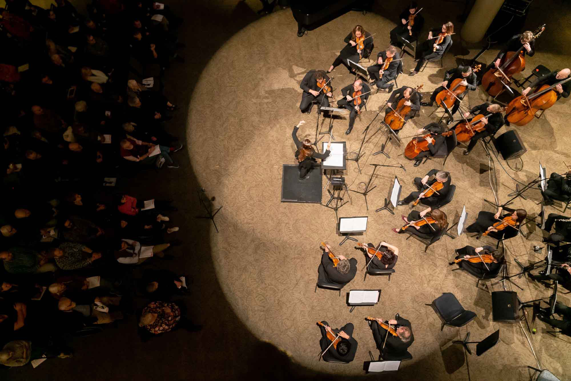 Photo: Overhead shot of conductor Lina Gonzalez-Granados mid-performance. She stands in the center of the image, gesturing and conducting with huge arms and movements. To her right, people sit and play various string instruments. To her left is the sitting audience.