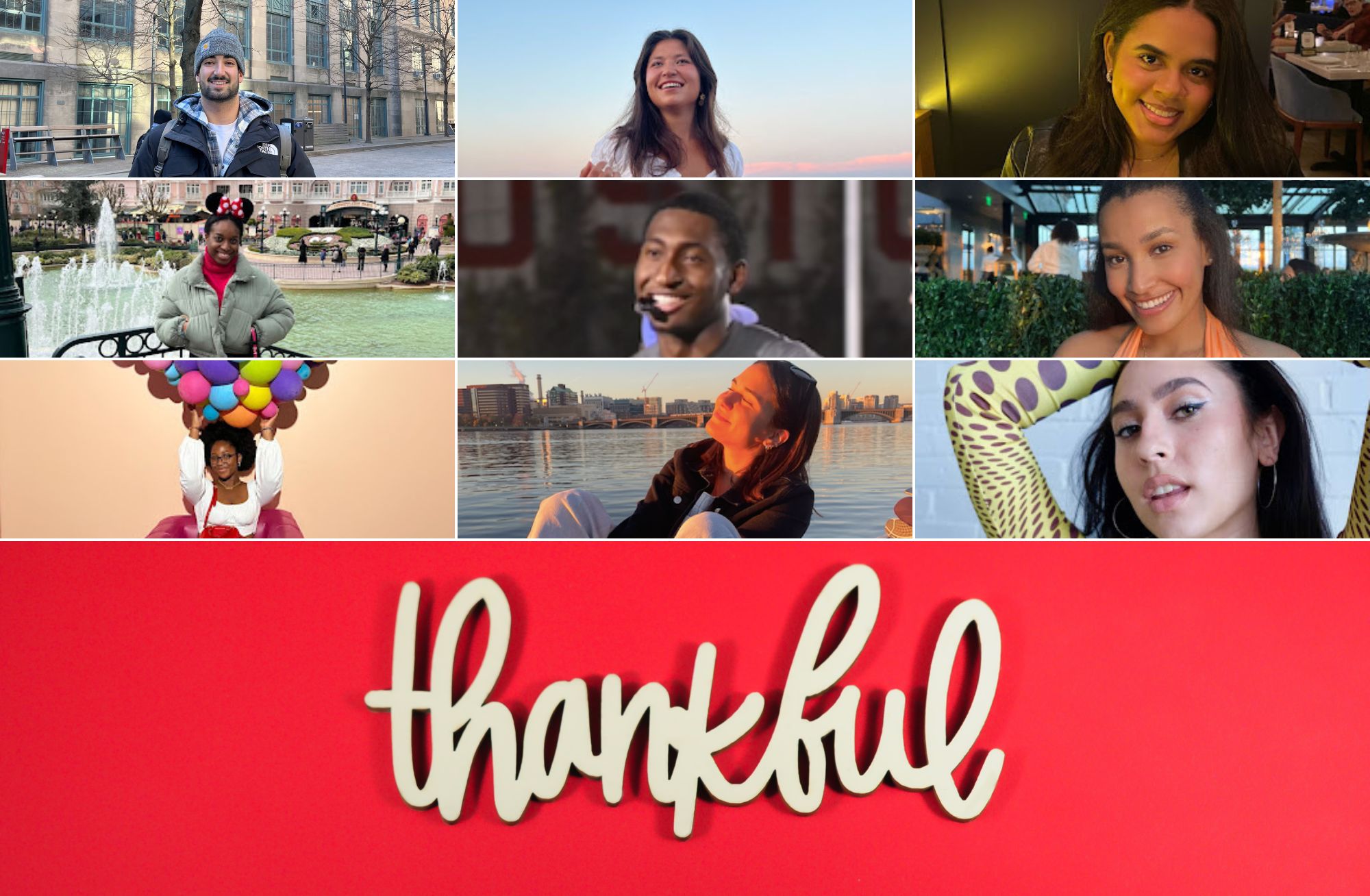 A collage of BU students with the word "Thankful" at the bottom with a red background