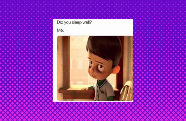 A meme of a sleep-deprived Goob from Meet the Robinsons on a purple patterned background.