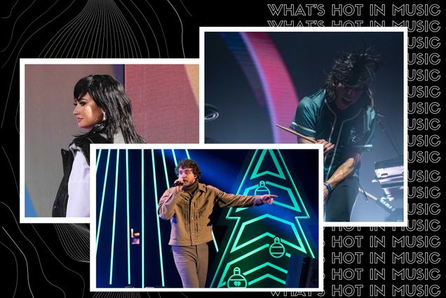 Image: collage of artists releasing music and/or hosting concerts in Boston in December 2022. Black background with outline-font white lines features photos of Demi Lovato, Jack Harlow, and Gryffin. Demi Lovato is shown looking over her shoulder on stage on polaroid-style borders. Jack Harlow performs in concert, singing into a microphone on stage, within polaroid-style borders. Gryffin performs on a stage with drum sticks in hand as he yells on stage on polaroid-style borders. Text on right behind image reads "What's Hot in Music" in a repeating pattern