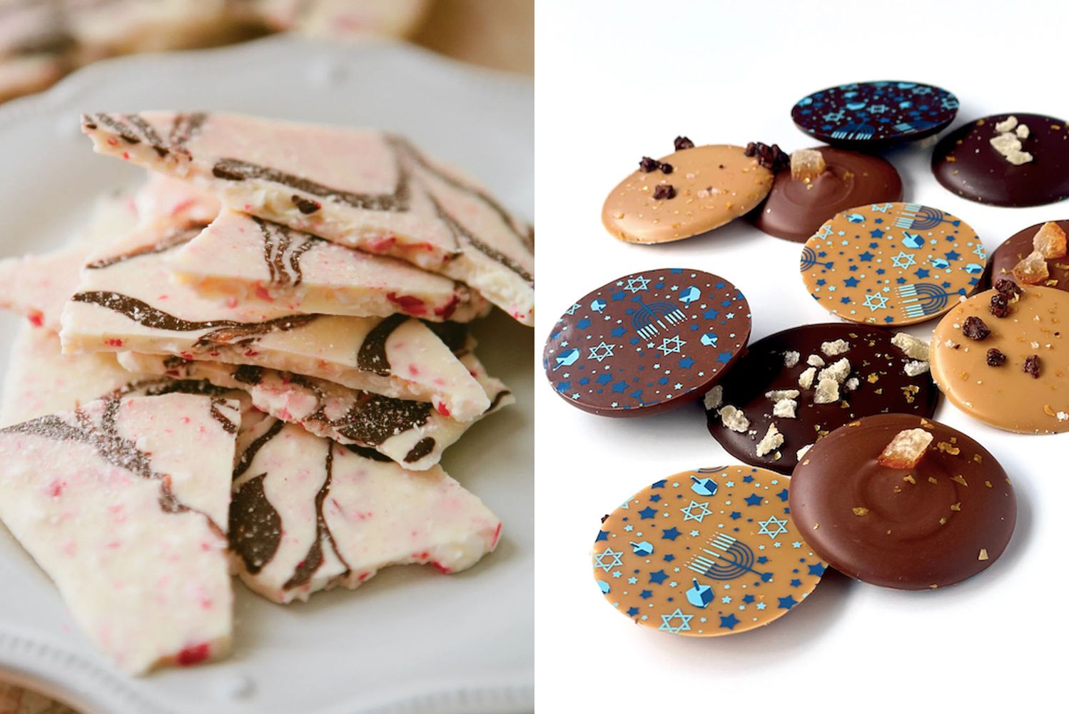 Collage: (left) Photo of an assortment of peppermint candy bark on a white plate. White chocolate bark studded with peppermint and a drizzle of chocolate. (right) An assortment of chocolate stud pieces with Hanukkah designs made of chocolate printed on them.