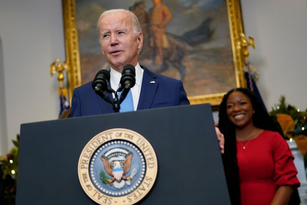 During a White House briefing on Thursday, December 8, President Biden, standing with basketball star Brittney Griner’s wife, Cherelle, announced that Russia has released Griner in a prisoner swap. Photo by AP/Patrick Semansky