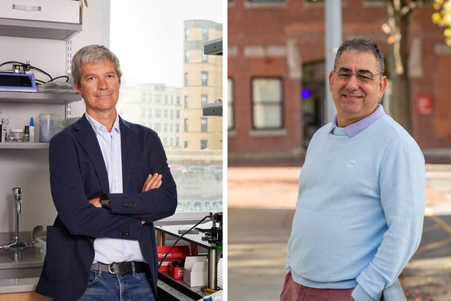 ENG’s David Boas (left) has been named the new Metcalf Chair for his transformative neuroscience research, while Ran Cantetti’s prowess in cryptography has earned him the Wang Professorship. Boas photo by Dana J. Quigley. Canetti photo by Cydney Scott