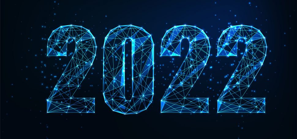 Image: A Modern wire frame mesh design vector illustration of the year "2022". Numbers are depicted with glowing neon blue low polygonal digits on dark blue background. .