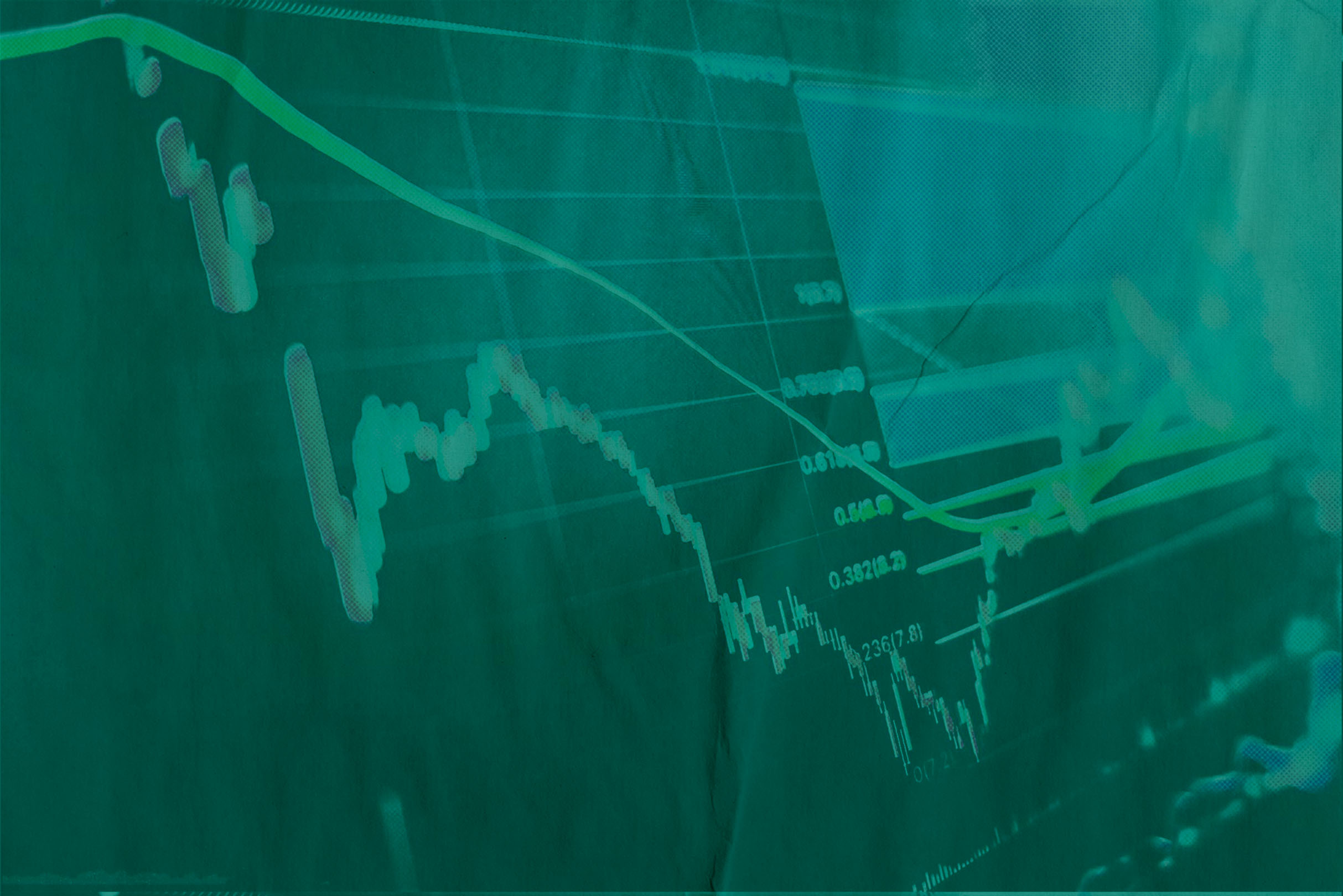 A stock chart showing falling prices with red candles. The whole image has a green tint.