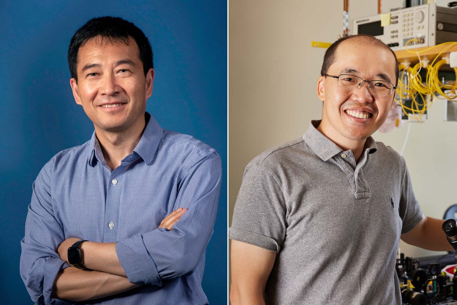 Collage: (left) Ji-Xin Cheng poses against a blue background. An Asian man wearing a light blue checkered collared shirt smiles and poses with arms crossed. (right) Lei Tian stands and poses in his lab. An Asian man wearing glasses and a gray collared shirt smiles and poses with one arm resting on top of a microscope.