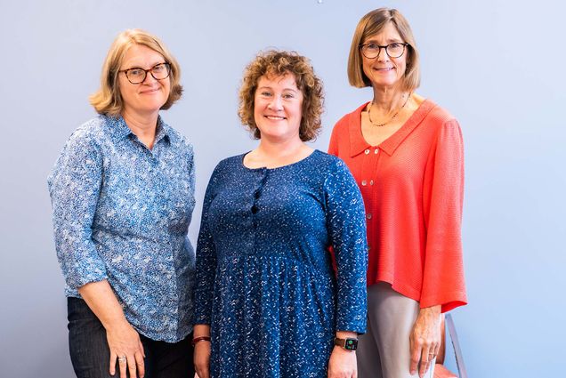 Photo: Faculty & Staff Assistance Office employees, Colleen McGuire (left) Sarah Henderson (center), and Karen Brouhard(right) smile and pose for a photo. Three white women wearing (from left) glasses and a light blue floral blouse and black pants, a dark blue summer dress, and a red orange blouse and beige pants.