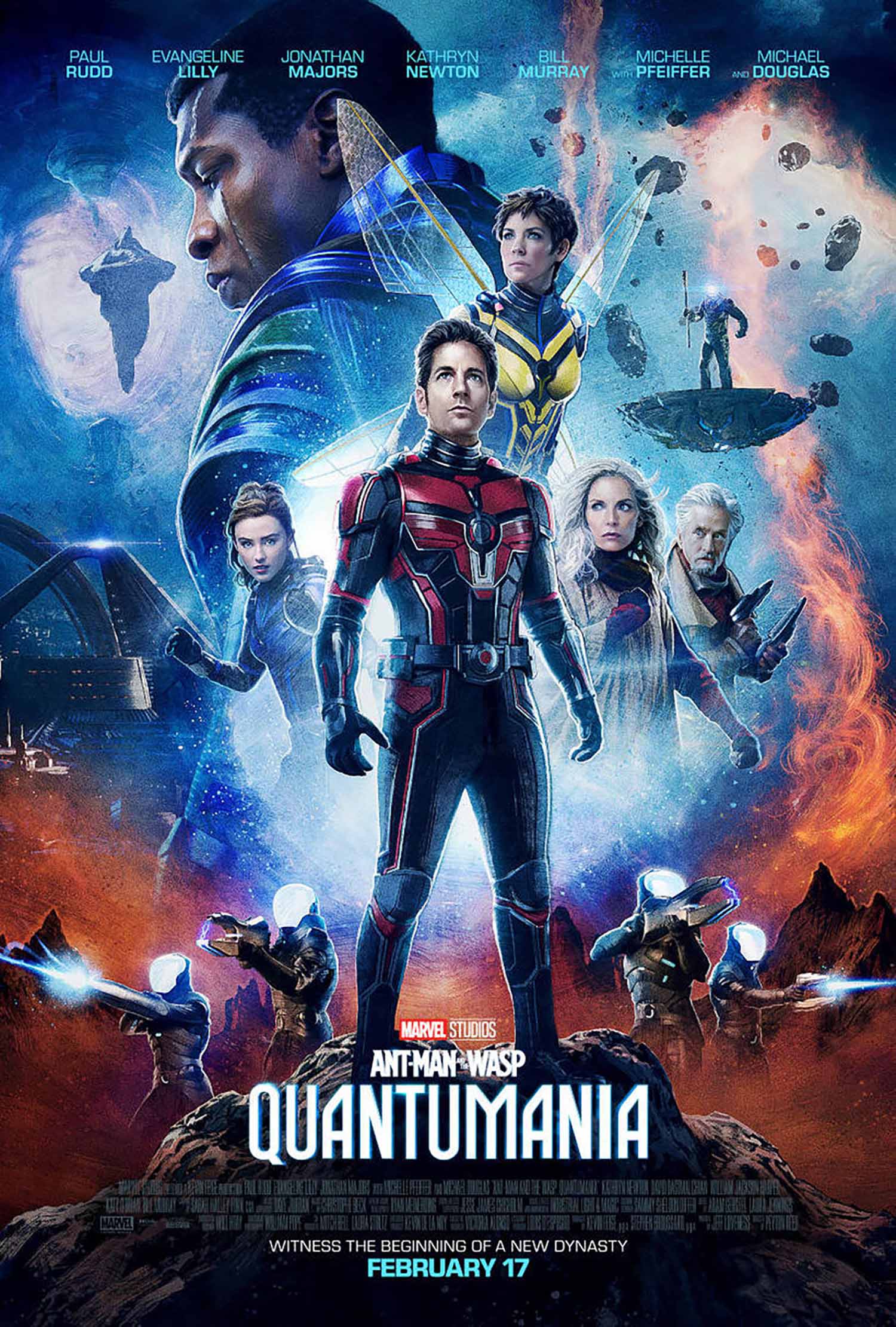 Photo: Colorful movie poster for Ant-Man and Wasp: Quantumania. Features Ant-Man in the center and those in the movie all around in colorful blues, reds, pinks, and purples.