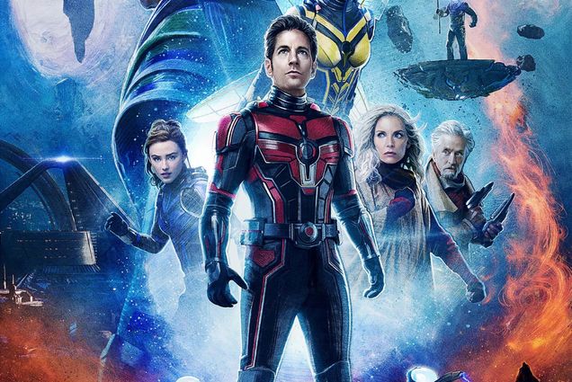 Photo: Colorful movie poster for Ant-Man and Wasp: Quantumania. Features Ant-Man in the center and those in the movie all around in colorful blues, reds, pinks, and purples.
