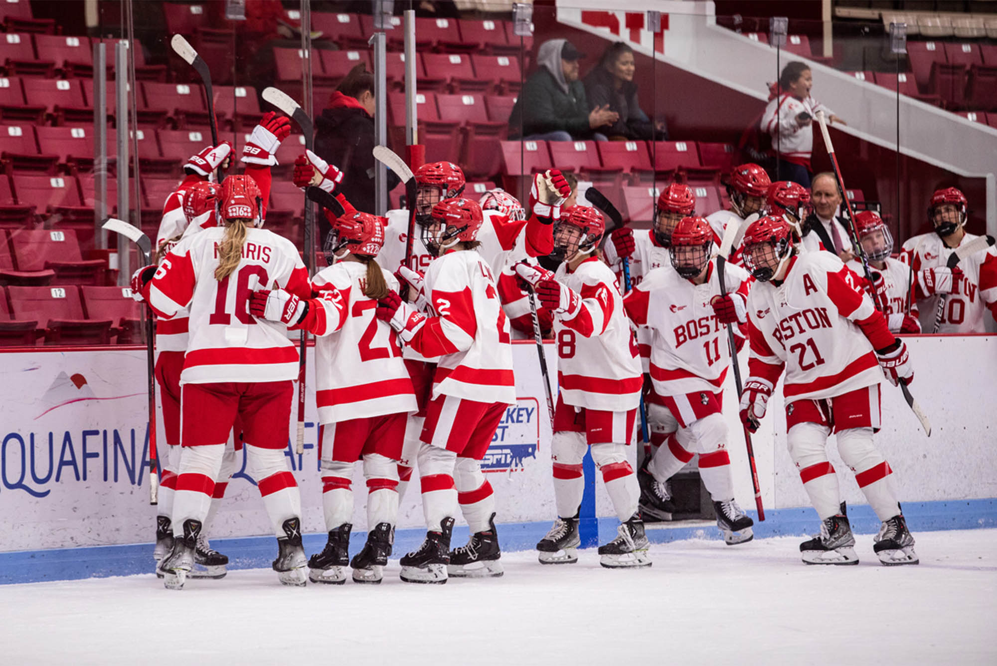 The women’s hockey team celebrating after a goal at Walter Brown Arena. The Terriers are hoping to win their second Beanpot trophy in varsity program history, with the first game Tuesday, February 7, at 4 pm at BC’s Conte Forum. [Credit: Eliza Nuestro]