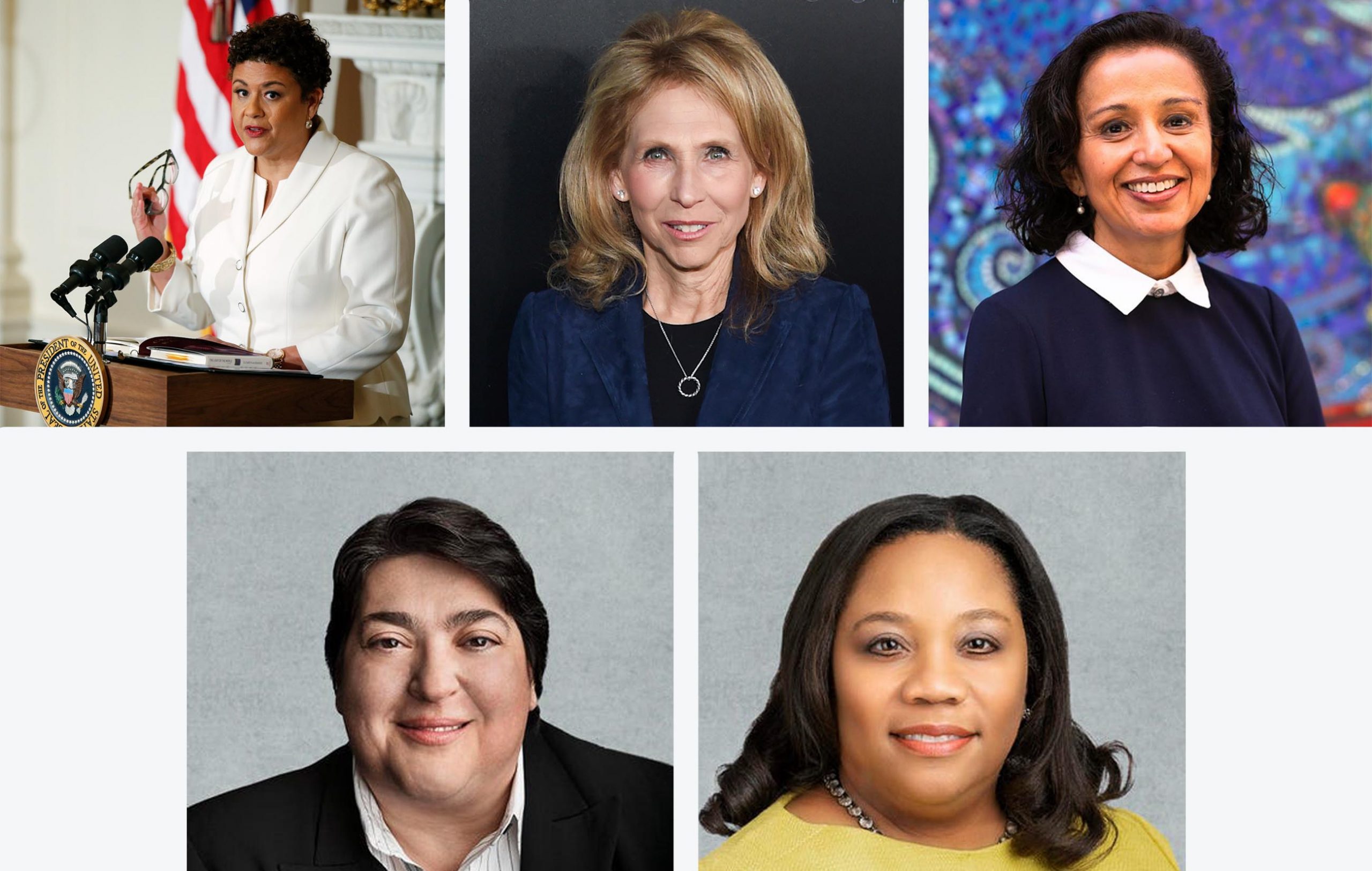 Elizabeth Alexander (GRS’87) (clockwise from top left), Shari Redstone (LAW’71,’81), Manjusha Kulkarni (LAW’95), Adrienne Pitts (LAW’95), and Nadine Chakar (CAS’87). Photos courtesy of BU Photography, AP/Evan Agostini, Kulkarni, Pitts, and Chakar.