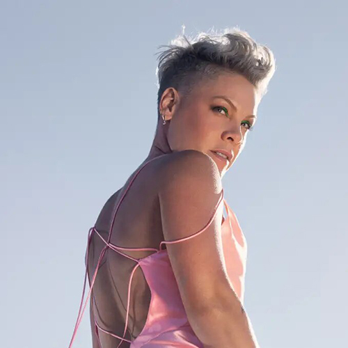 Photo of Pink, a white woman with a short, half-shaved platinum blonde haircut, wearing a pink slinky dress and looking over her shoulder.