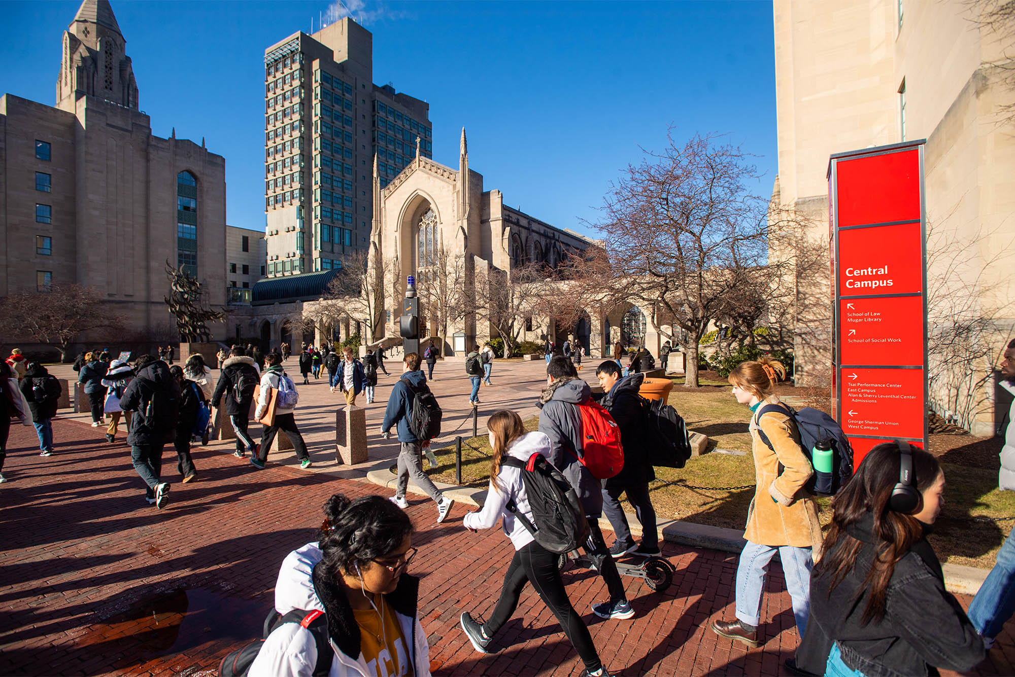 2/1/23 -- Boston, Massachusetts Foot traffic along Commonwealth Ave and near Marsh Plaza February 1, 2023. Photo by Cydney Scott for Boston University Photography