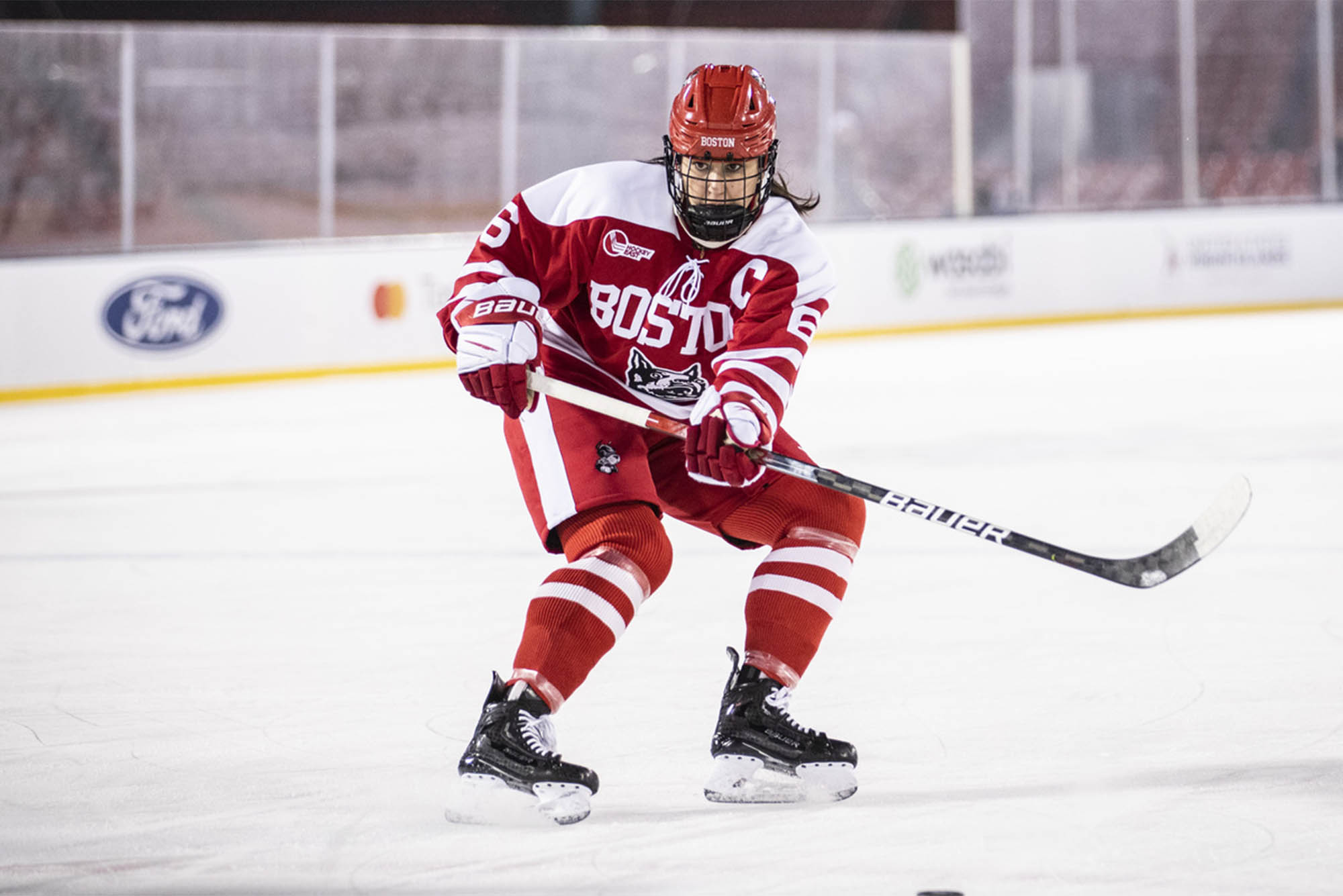 Terrier captain Nadia Mattivi (Questrom’23) transitioned to defense at Frozen Fenway on January 6. Mattivi plays in her third Beanpot Tuesday and says 2020’s double-overtime Beanpot final was her best memory at BU. [Credit: Matt Woolverton]