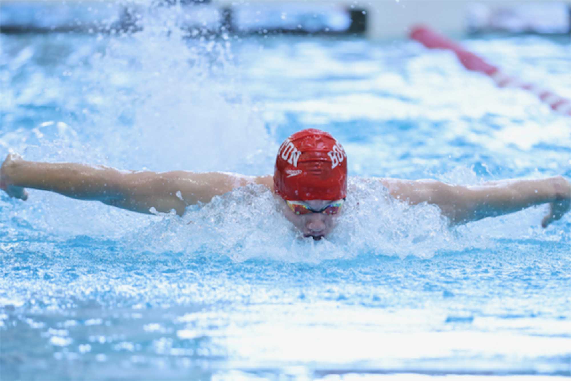 Kyle Falkstrom (Sargent‘23) holds the men’s program record for the 200-yard breast stroke. Photo by Jim Pierce