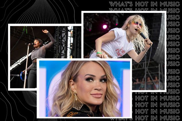 Image: collage of artists releasing music and/or hosting concerts in Boston in December 2022. Black background with outline-font white lines features photos of Noelle Scaggs, Carrie Underwood, and Hayley Williams of Paramore. Noelle Scaggs is shown singing on stage on polaroid-style borders. Carrie Underwood poses in front of a blue backdrop that reads in large white letters: "People's Choice Awards". Hayley Williams performs in concert, singing animatedly into a microphone on stage, within polaroid-style borders. Text on right behind image reads "What's Hot in Music" in a repeating pattern