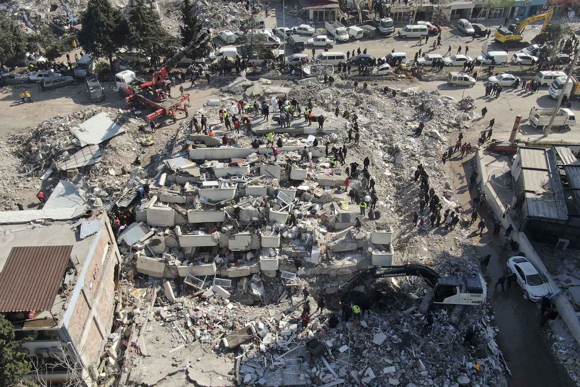 Photo: A birds-eye view of the destruction from the earthquake in Turkey. Mass rubble from a fallen structure is scattered everywhere.