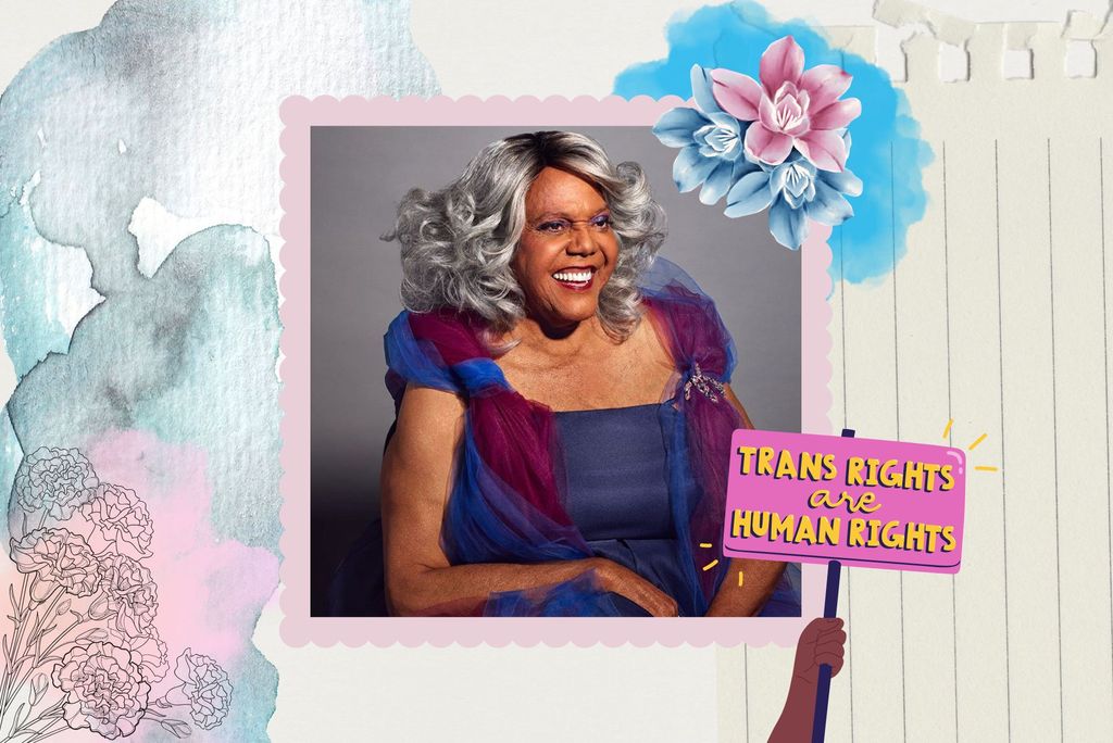 Photo: A collage with multiple paper cut outs and flower imprints in various colors of cream, blue, and pink. In the middle, a photo of Miss Major, a notable trans activist. 