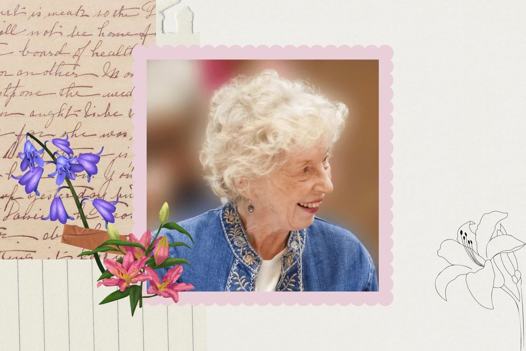 Photo: A collage of various ripped papers and clip art of flowers. In the middle, a photo of a white woman smiling, looking to the bottom right side of the frame.