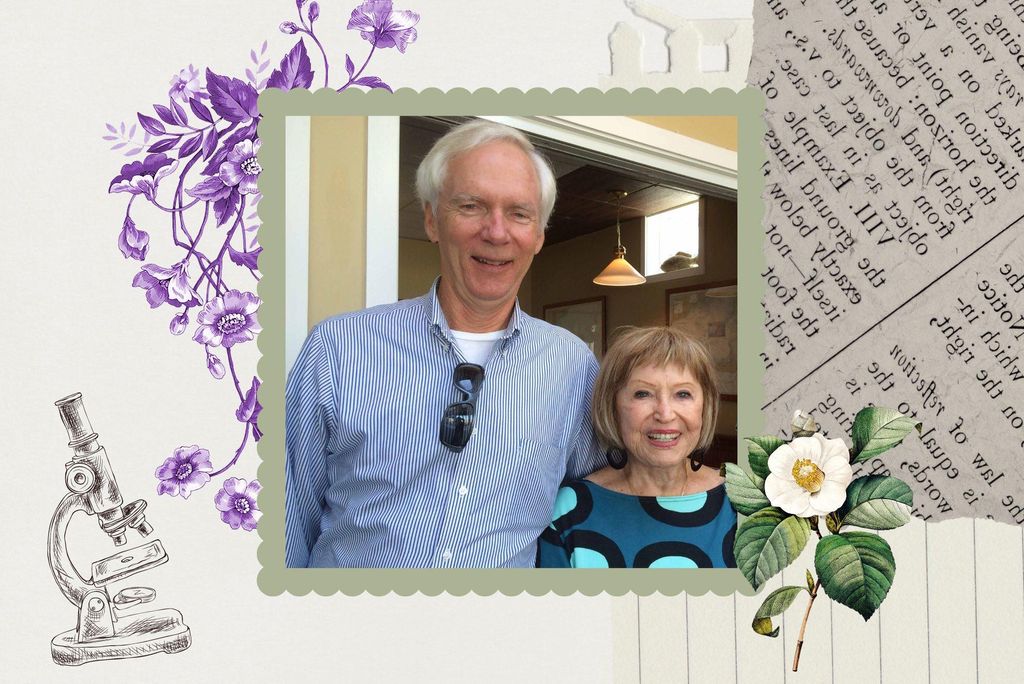 Photo: A collage of various paper cut outs with clip art of a microscope and flowers. In the middle is a photo of two people, one a male the other a woman.