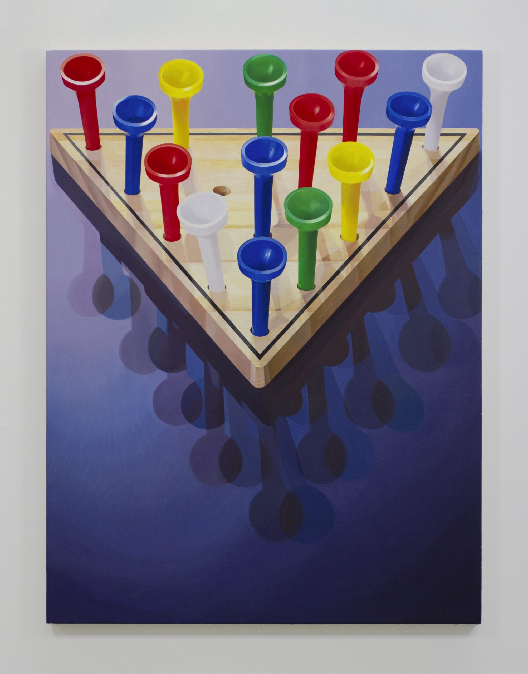 A triangular figure in wooden natural color with pegs like golf tees in various bright colors like red, blue and green. The background is blue with shadows of the golf tee figures.