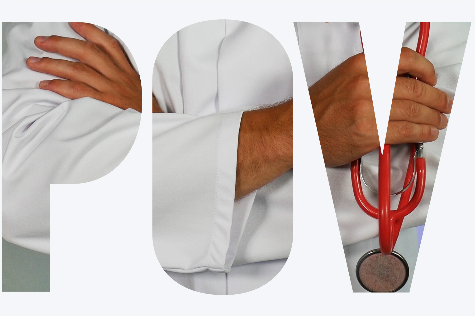 Photo: Stock image of a close-up of arms crossed wearing a doctors white smock. In the right hand, the individual holds a red stethoscope. The photo has a POV overlay on the top.