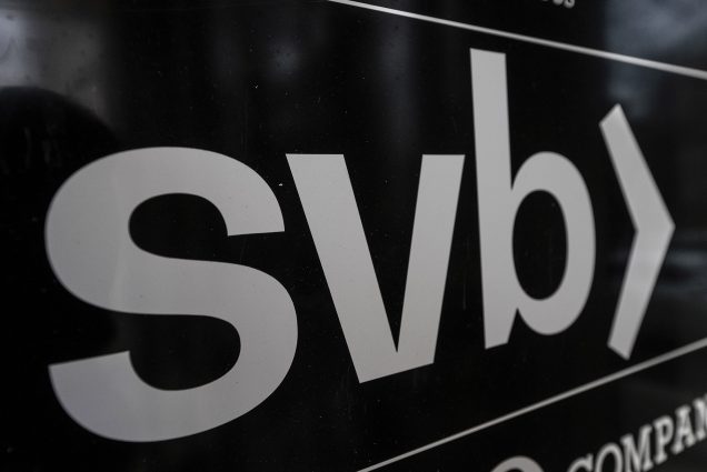 Photo: A black signs that reads "svb" in lowercase silver letters is shown.