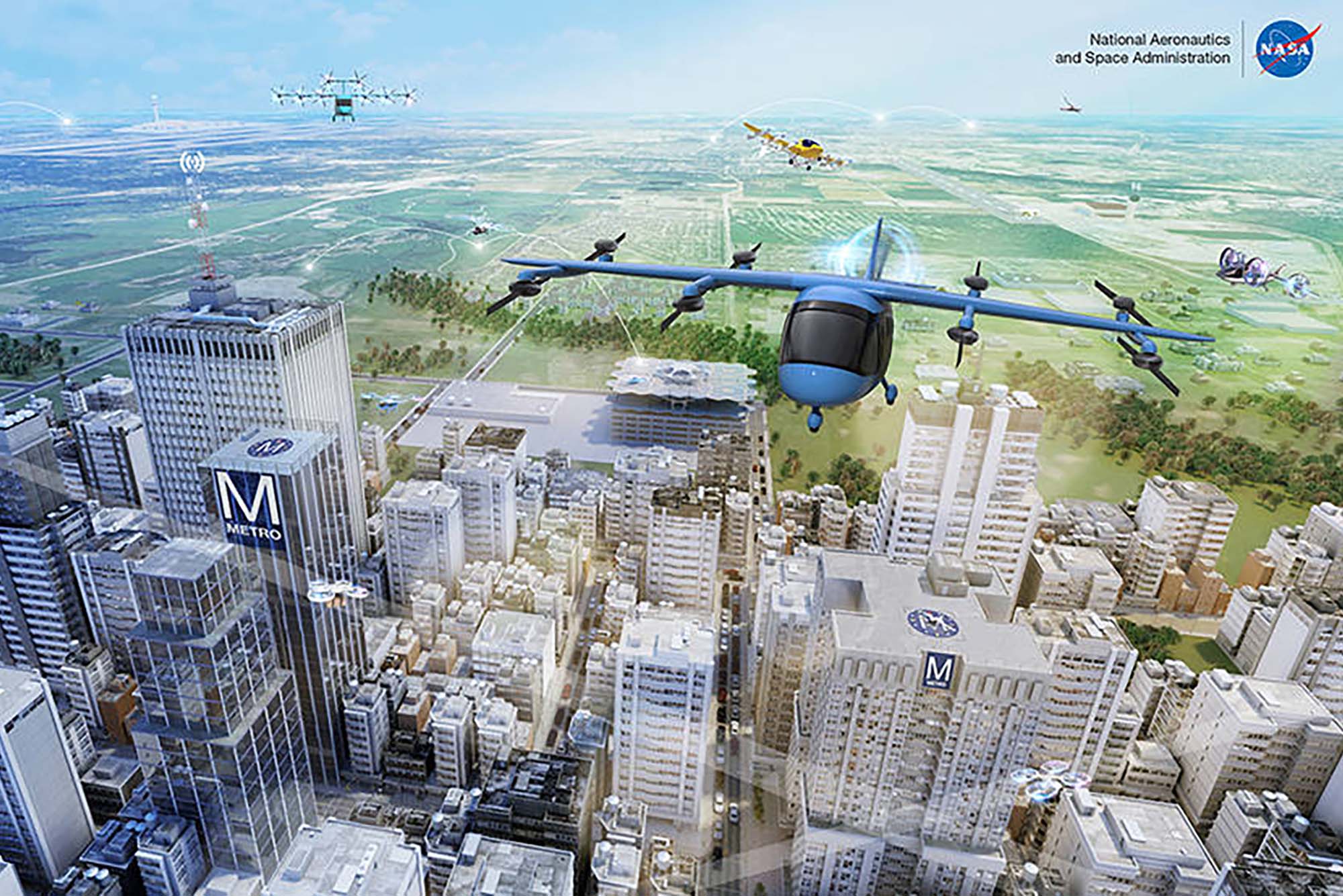 Image: Concept illustration of Advanced Air Mobility, with its many vehicle concepts and potential uses in both local and intraregional applications. Mockup of multiple types of aircrafts are depicted flying over urban, suburban and rural areas.