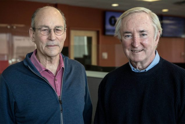 Author Tracy Kidder and Dr Jim O'Connell at WBUR to discuss Kidder's new book, Rough Sleepers. (Robin Lubbock/WBUR)