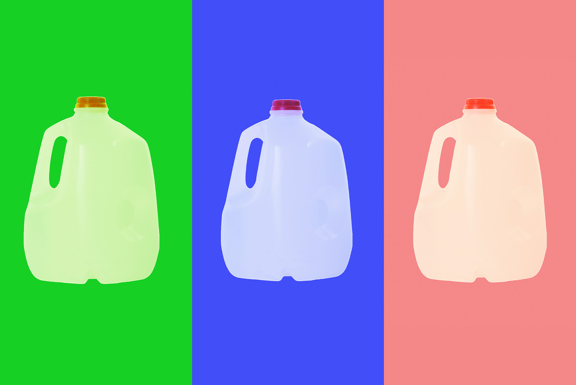 Image: Composite photo of three jug gallons of water. Each jug is in it's own column and overlaid with a bright color. From left to right, the columns are colored bright green, blue, and a light red.
