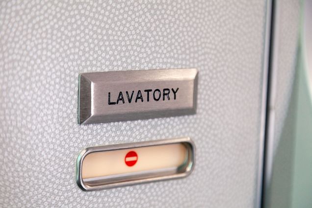 Photo: Red, occupied symbol on an airplane lavatory door. Above the symbol, the word "Lavatory" is shown.